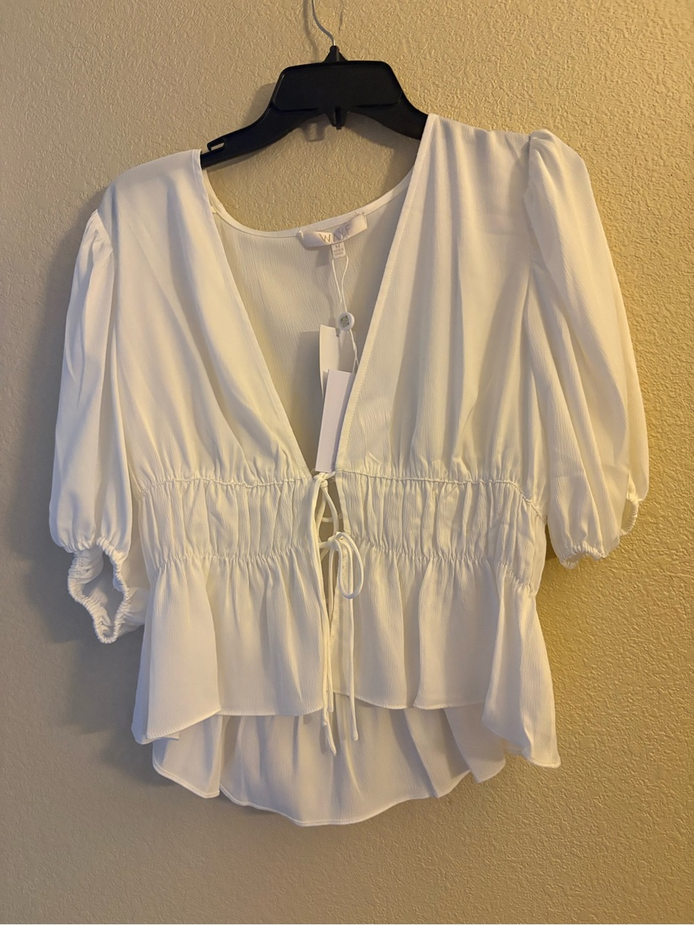 Nordstrom White Puff-Sleeve Tie-Front Blouse